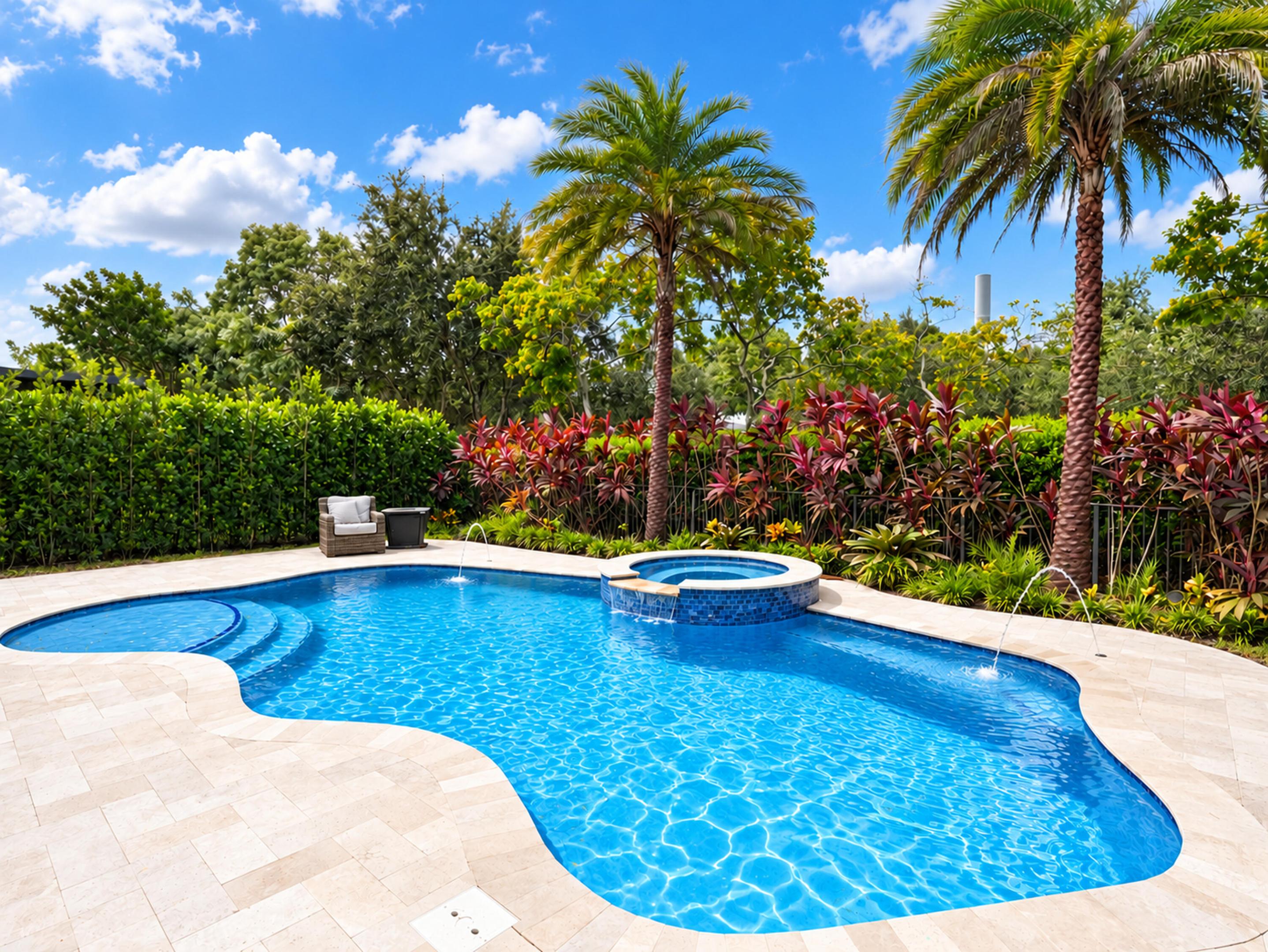 Swimming pool with integrated spa, stone-finished patio, water features, and manicured perimeter landscaping
