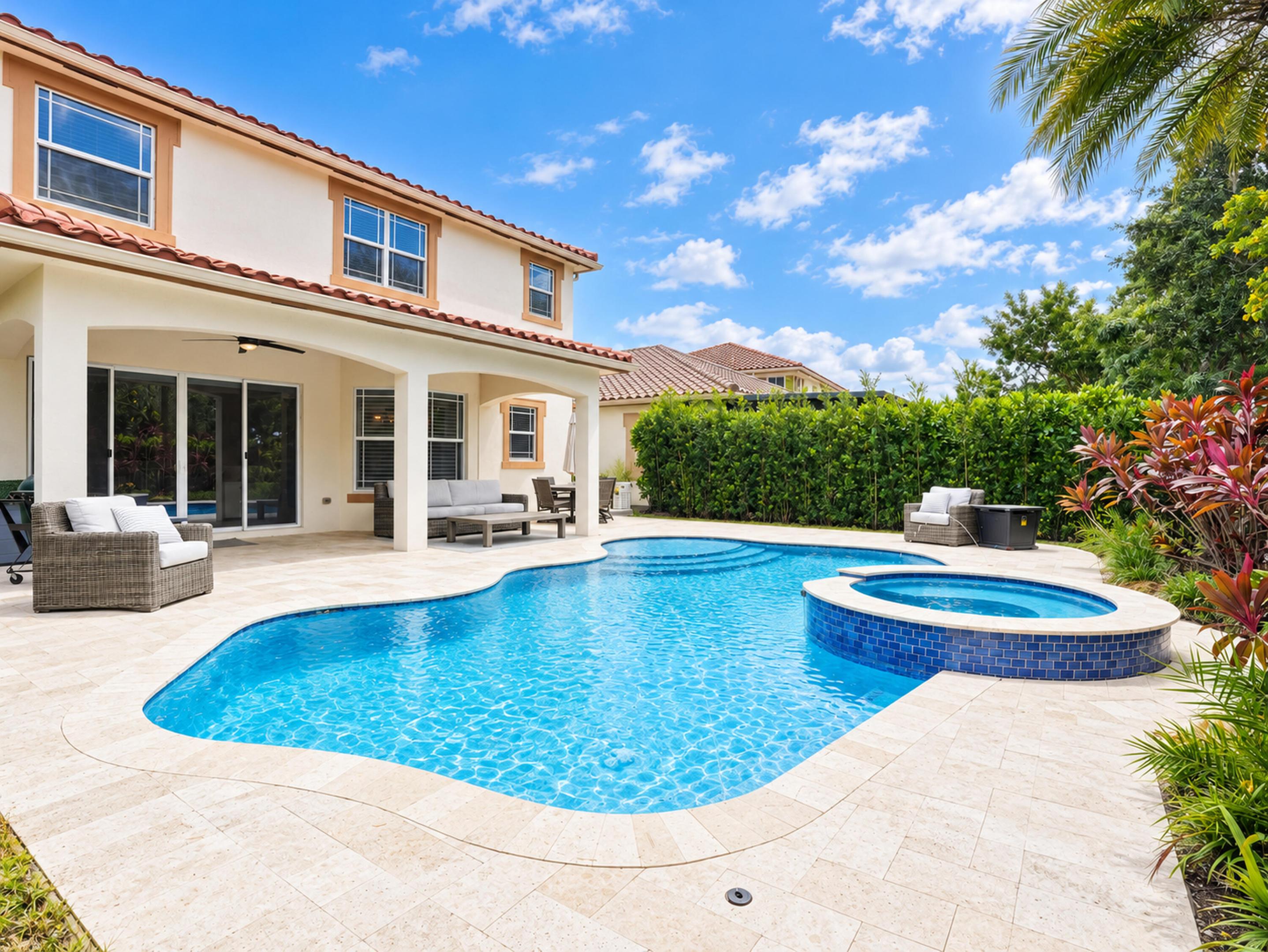 Covered lanai featuring a stone-paver pool deck, freeform swimming pool, and tiled raised spa with mature hedge landscaping