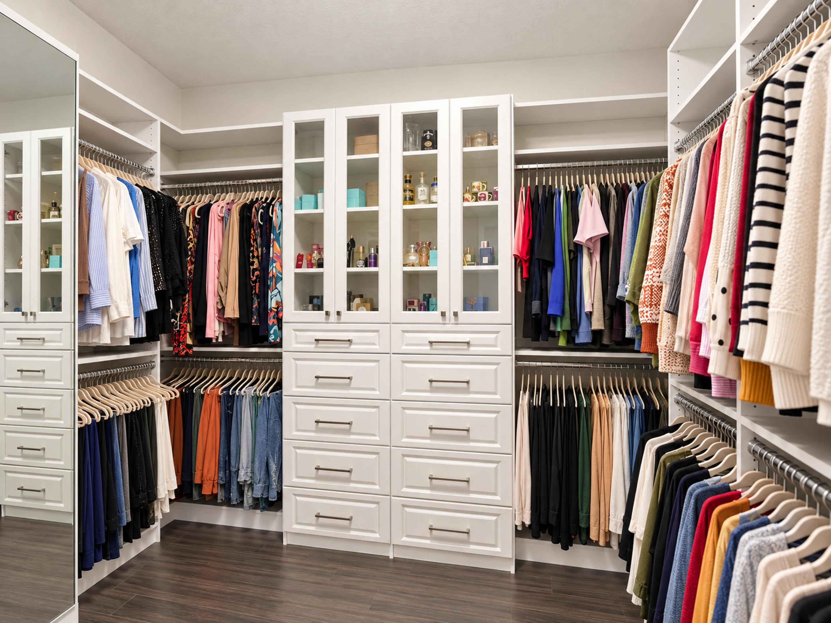 Custom walk-in closet featuring white built-in cabinetry, glass-front display doors, multiple integrated storage drawers, full-length mirror, and wood-finish flooring