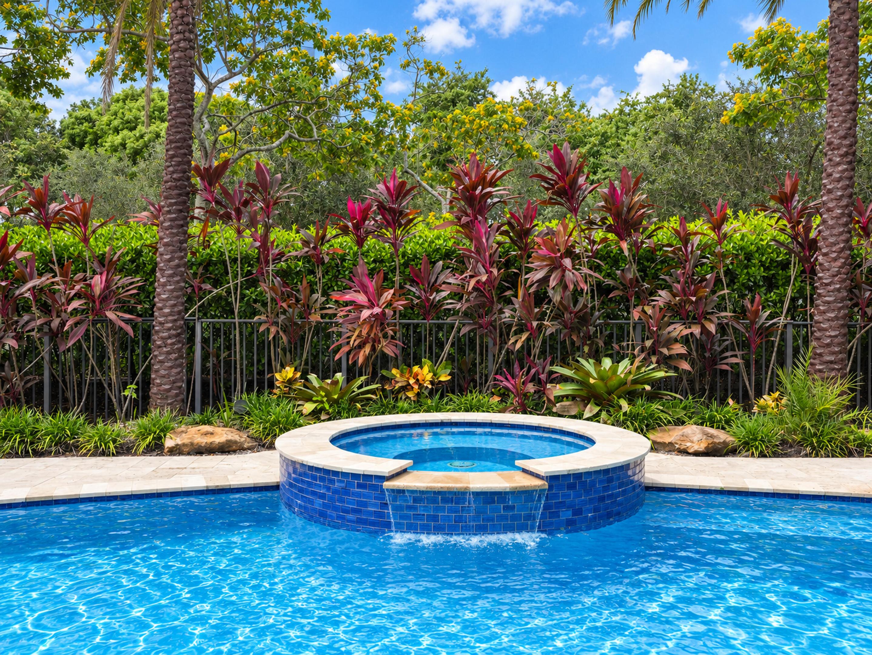 In-ground pool featuring a spillover spa with stone coping, glass tile exterior, natural stone deck, and dense landscape screening
