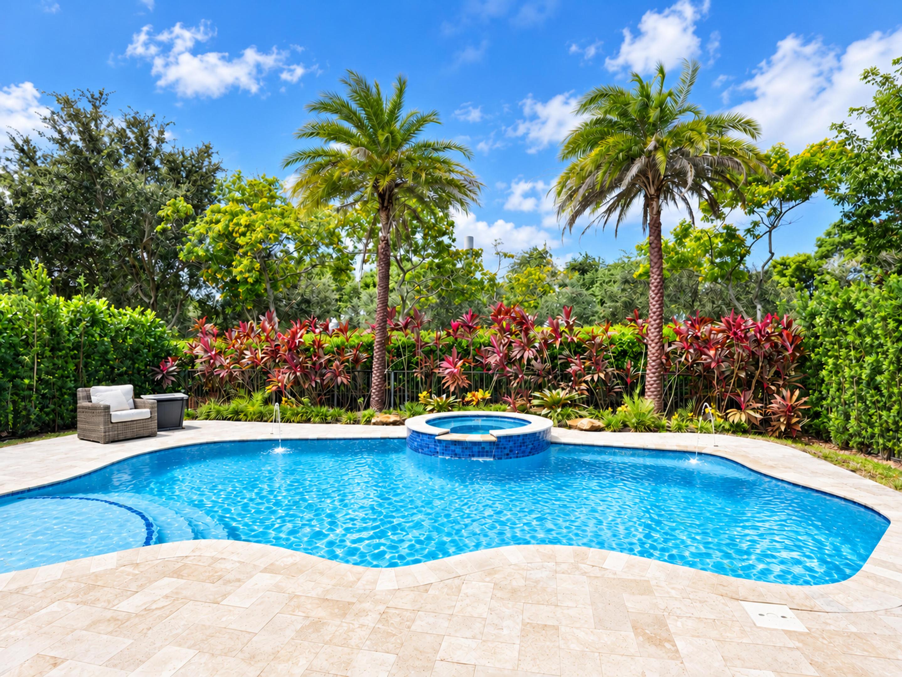 In-ground pool featuring a raised spa, tile accents, stone-finish paver decking, and mature tropical landscaping