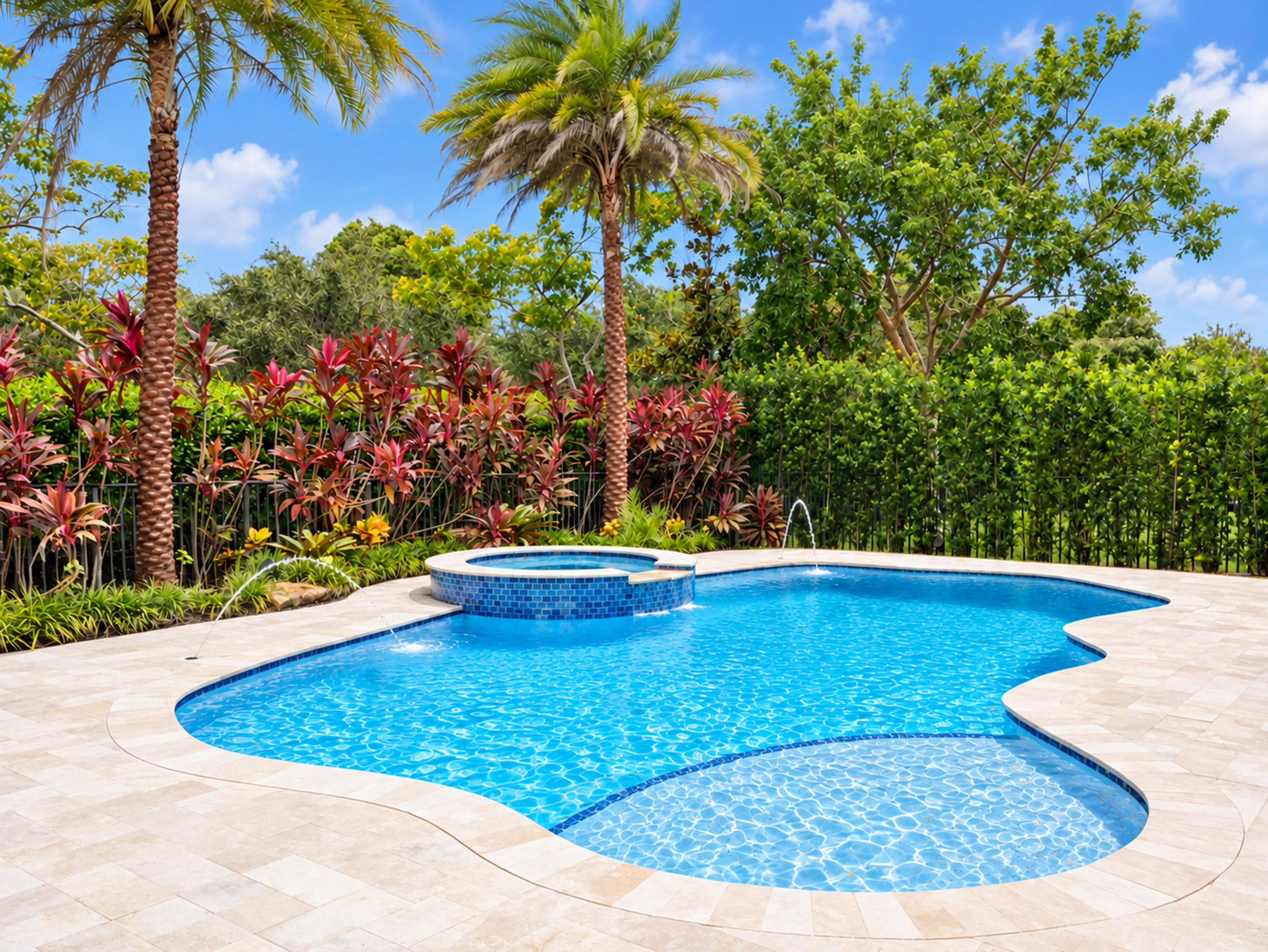 Freeform swimming pool with a raised spillover spa, surrounded by stone-finish decking and mature tropical landscaping