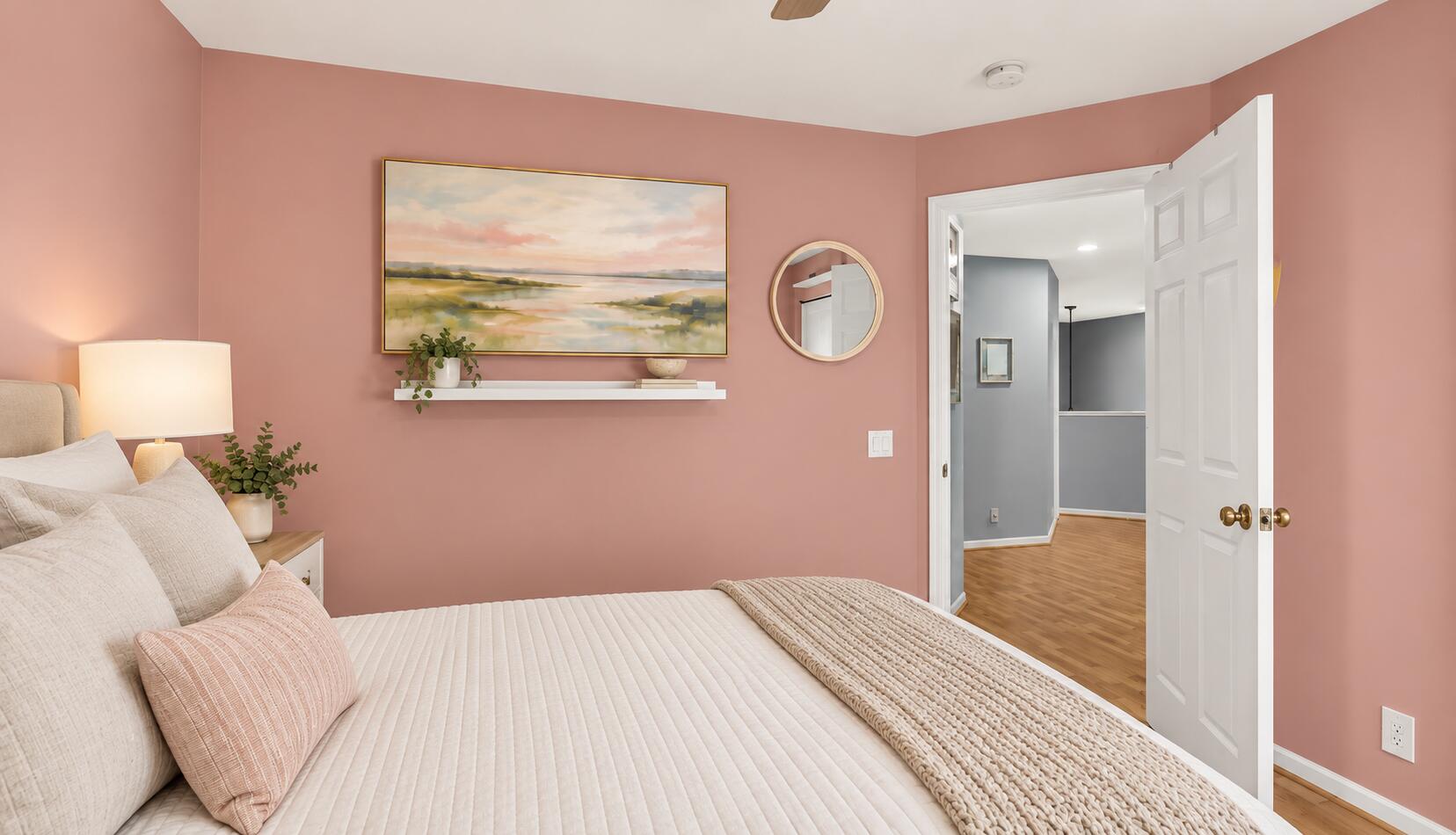 Cozy Blush Bedroom with Hallway View