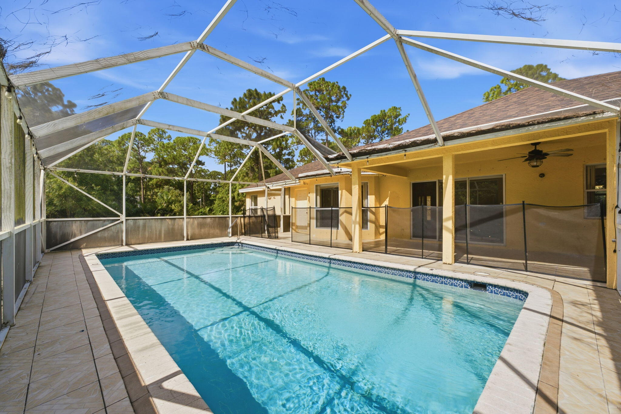 Screen-enclosed rectangular swimming pool with tile decking, covered lanai, and mesh pool safety fence