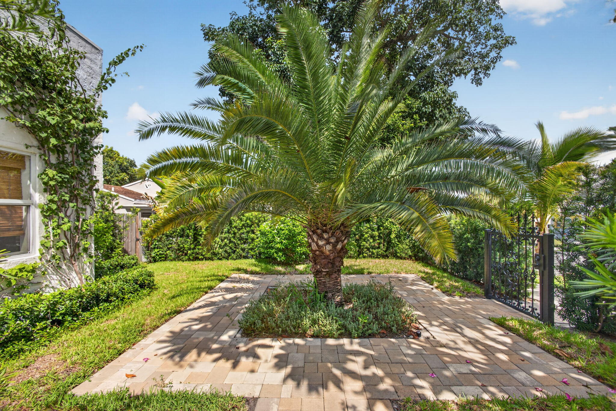 Landscaped grounds featuring a central palm tree, stone paver patio, manicured lawn, and decorative wrought iron gate