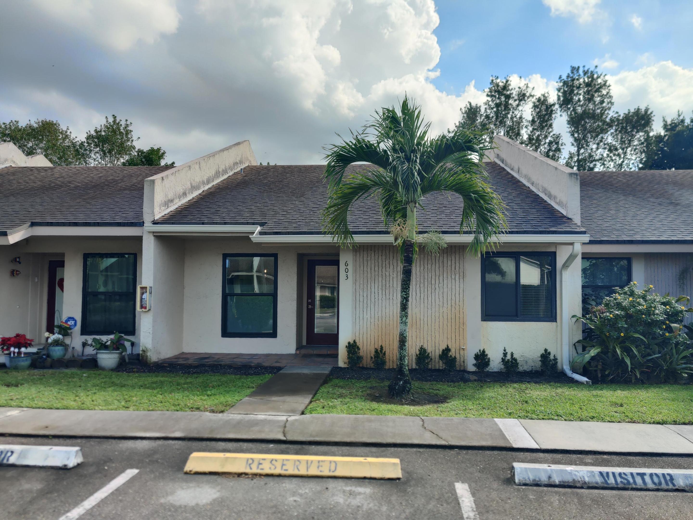 Single-story residence featuring a gabled roofline, stucco exterior, integrated vertical siding detail, and a prominent palm tree within the front landscape