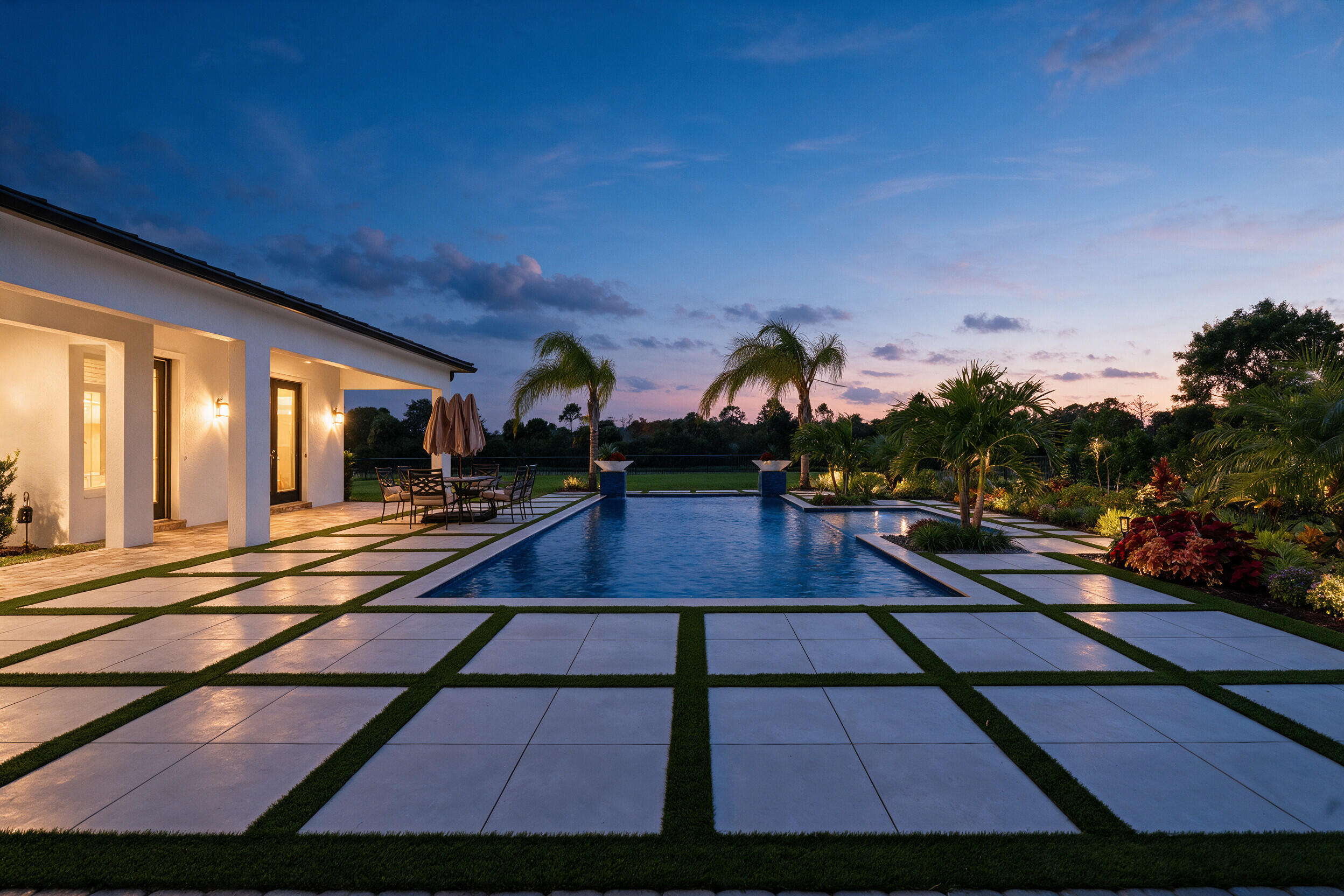 Spacious outdoor patio with large format pavers and synthetic turf inlays, featuring a rectangular swimming pool, integrated landscaping, and a covered lanai