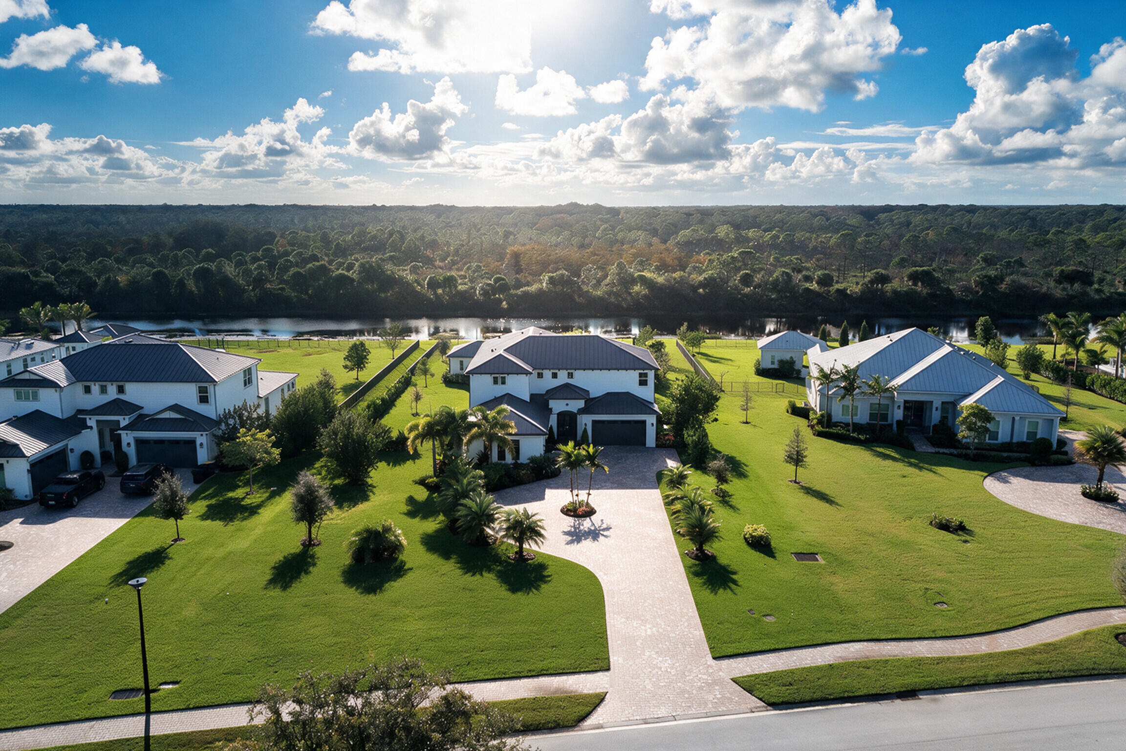 Aerial perspective of residential properties featuring metal roofing, paved driveways, landscaped lawns, and waterfront acreage