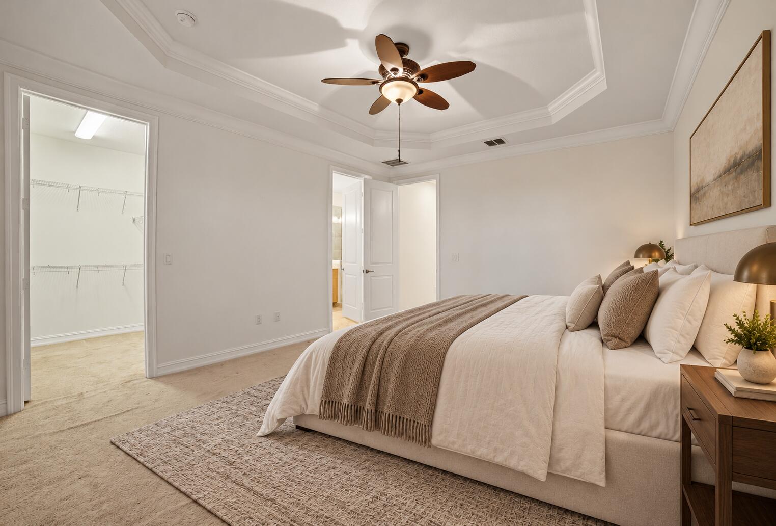 Tray ceiling with crown molding, ceiling fan, walk-in closet and carpeted flooring