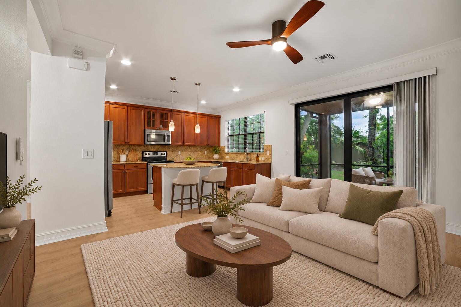 Open-concept area featuring wood-finish flooring, recessed lighting, a modern ceiling fan, wood cabinetry, and stone countertops while sliding glass doors provide natural lighting and entry to your screened-in lanai.