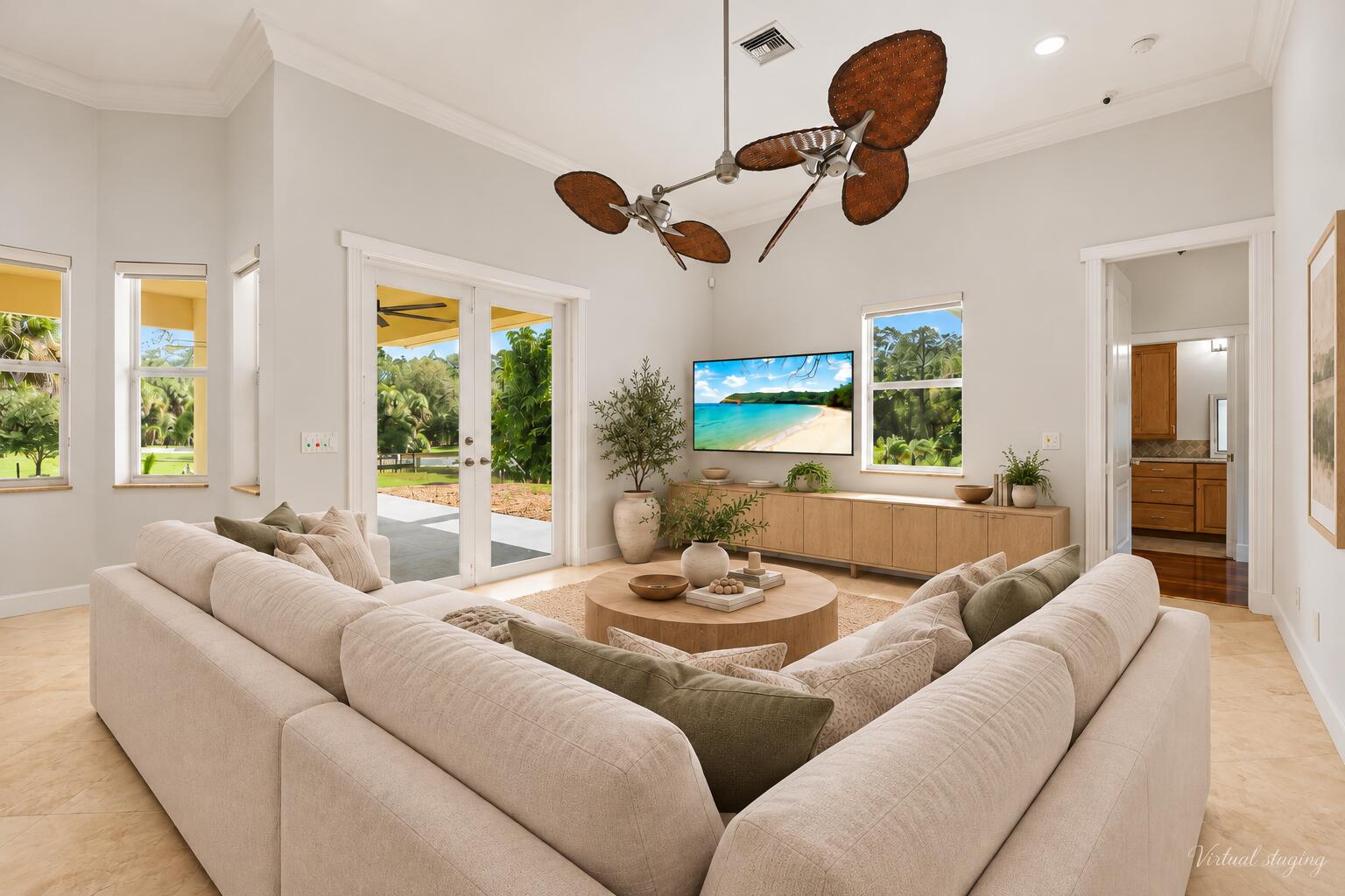 Bright Coastal Living Room with Tropical