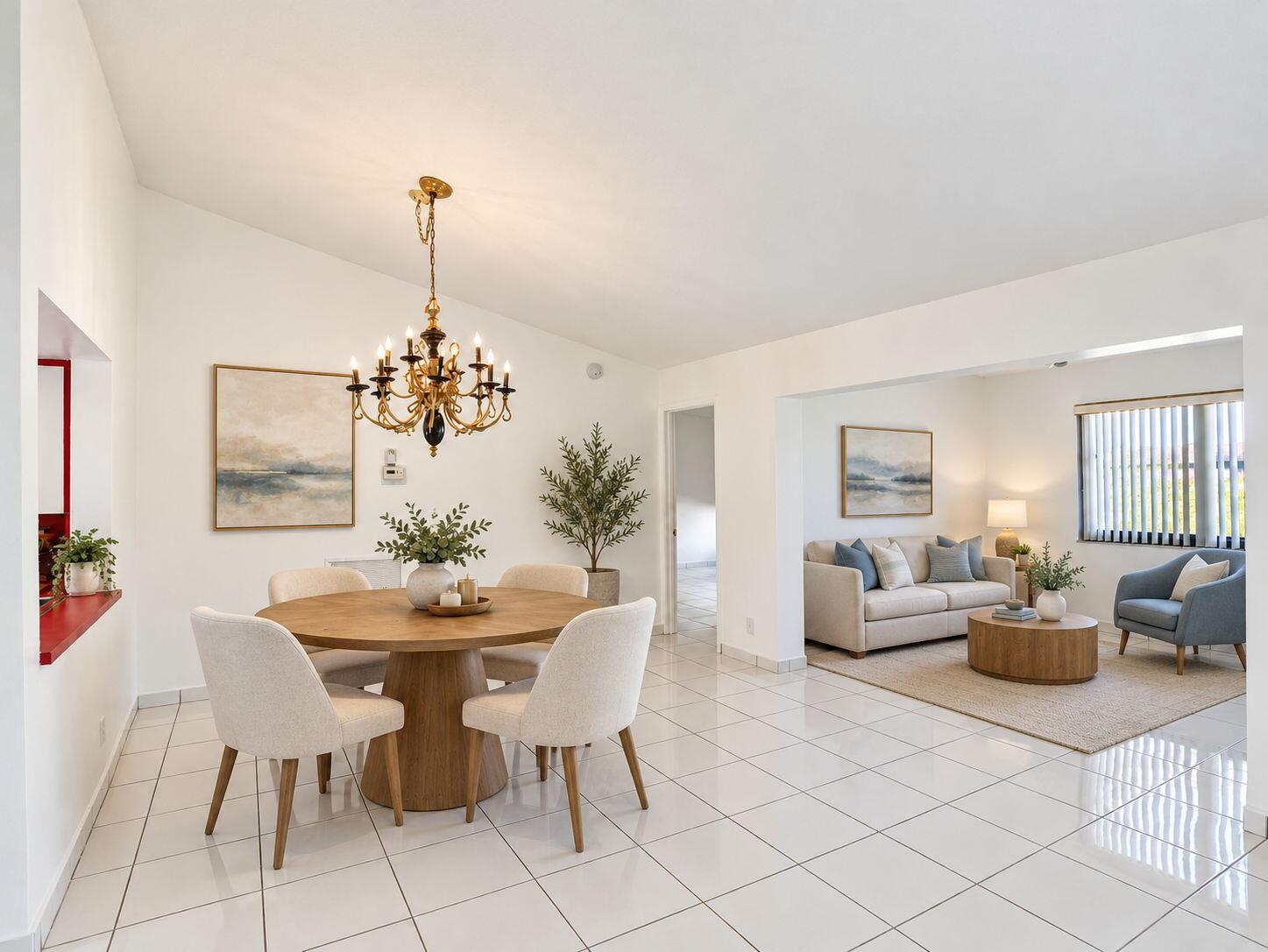 Vaulted ceilings, polished tile flooring, and a decorative multi-tier chandelier