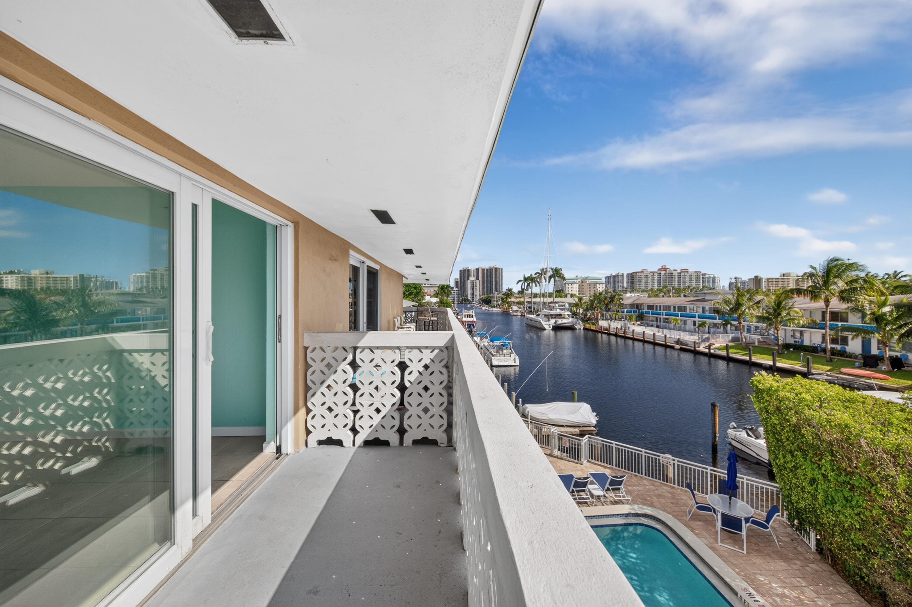 Private Balcony overlooking the Pool and Waterway