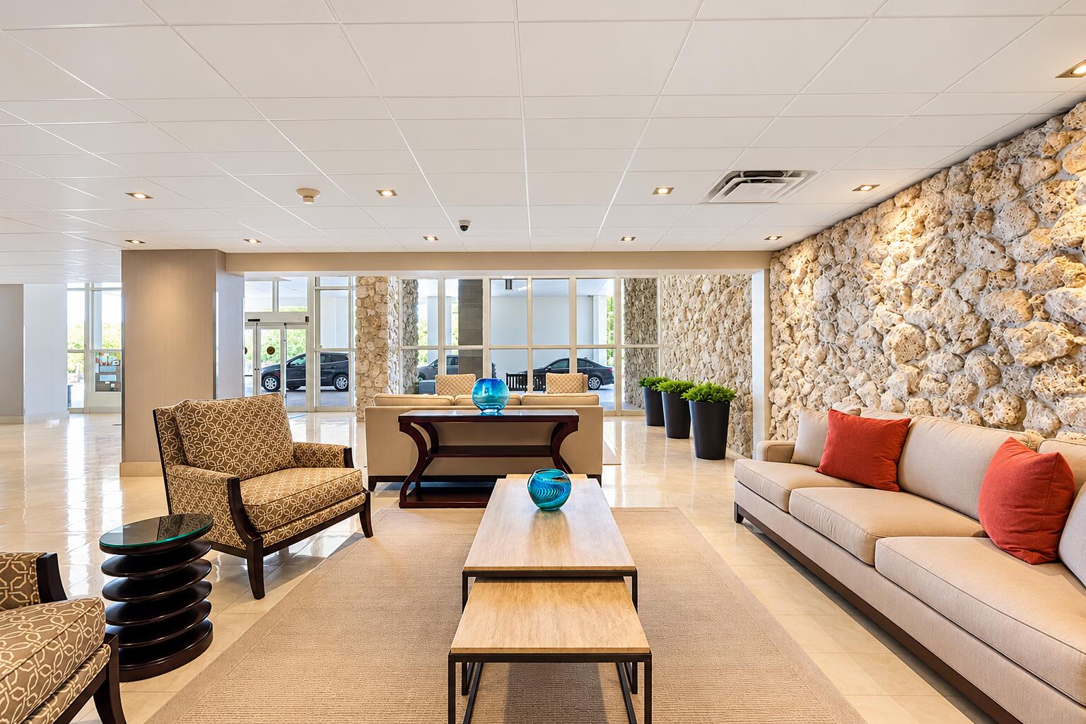 Elegant Lobby Lounge with Blue Glass Acc