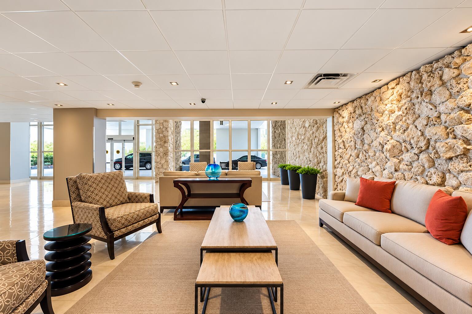 Modern Lobby Lounge with Blue Glass Acce