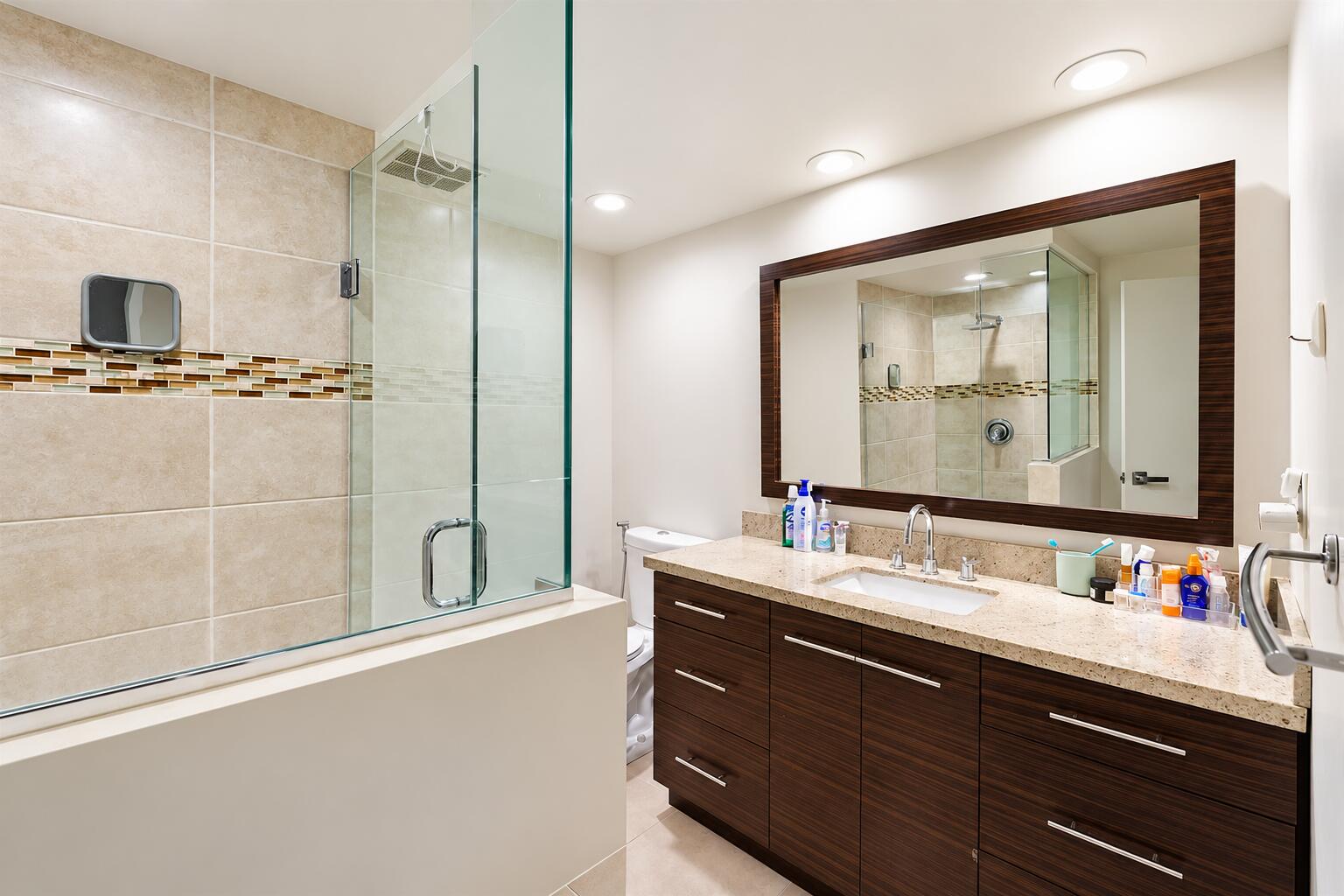 Modern Beige Tile Bathroom