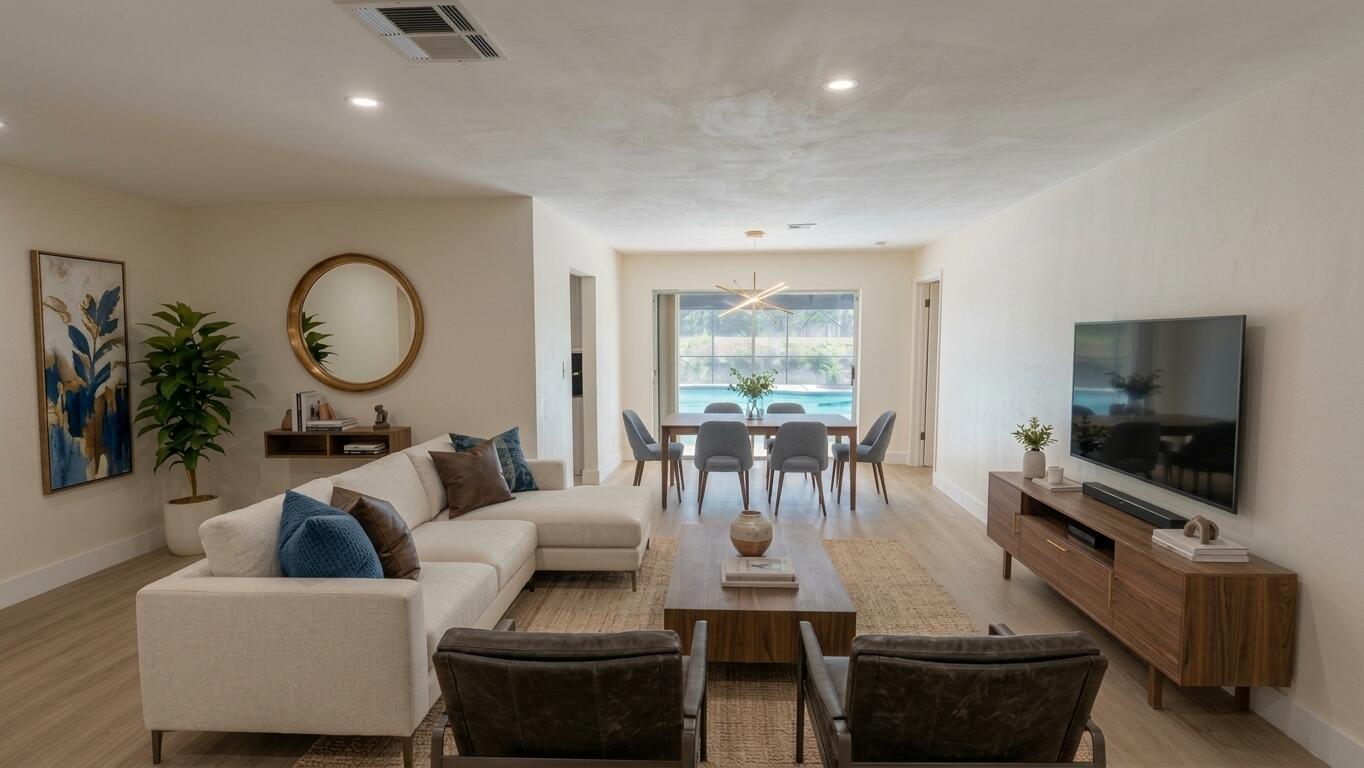 Living room and dining area staged