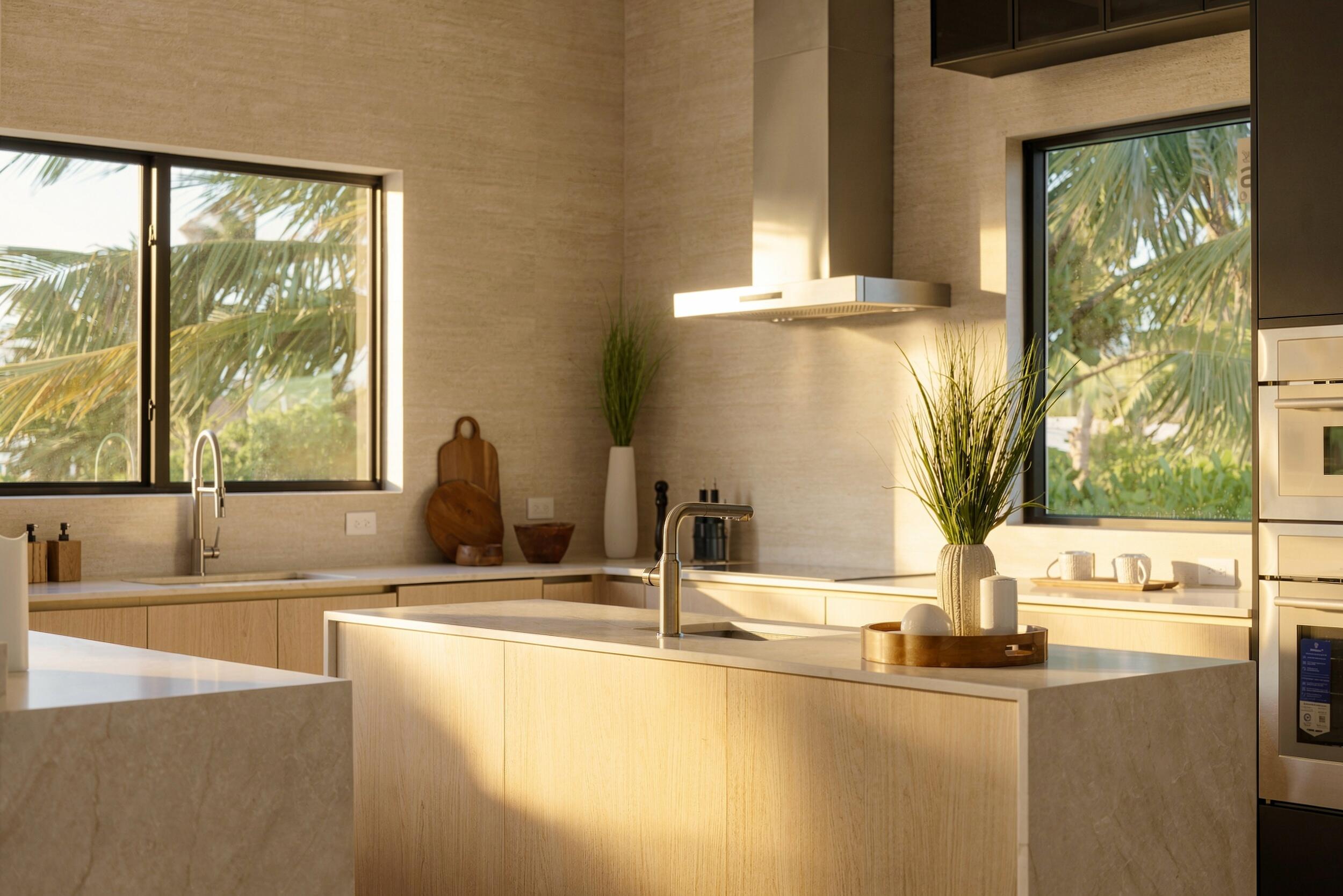 Kitchen featuring flat-panel cabinetry, light-toned stone countertops, stainless steel wall-mounted range hood, and double-wall ovens