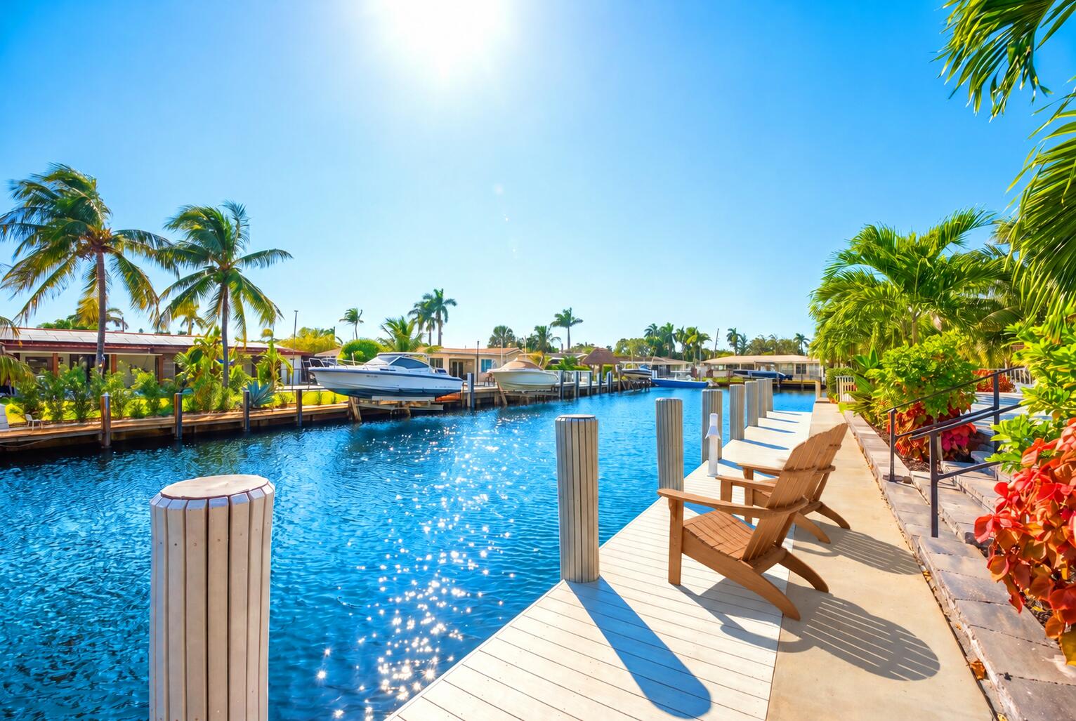 Teak chairs overlooking the canal