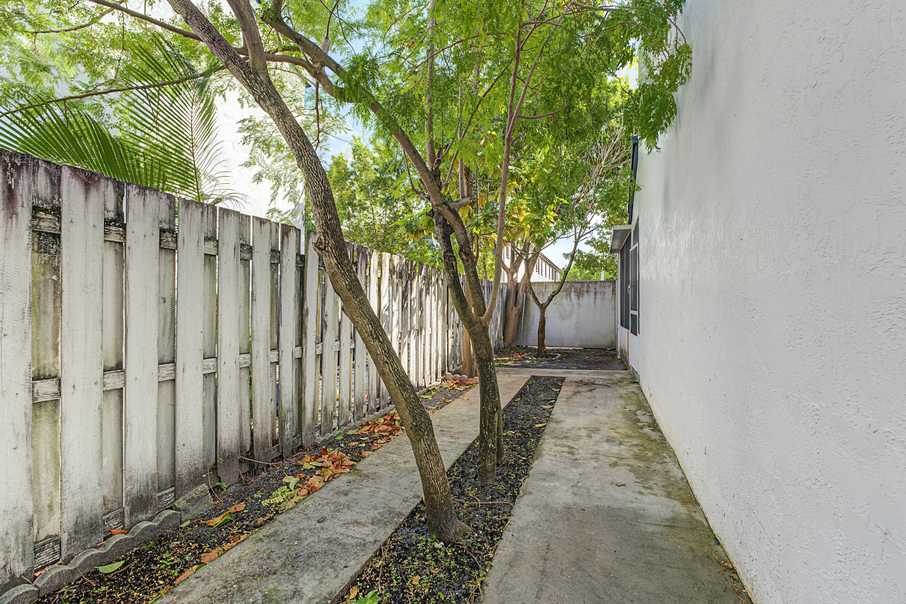 Side yard featuring concrete paving, mature trees, and vertical wood fencing