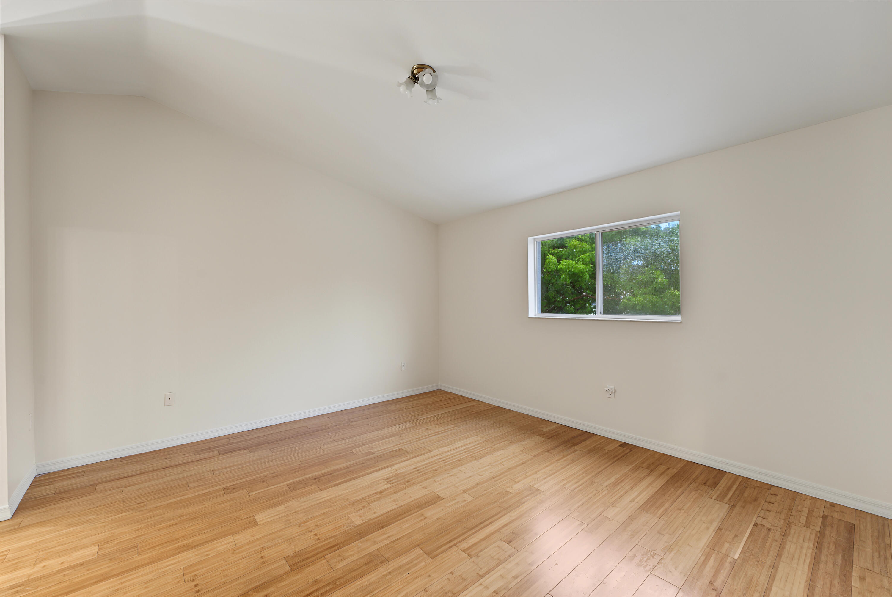 Vaulted ceiling featuring wood-finish flooring and a single-pane window