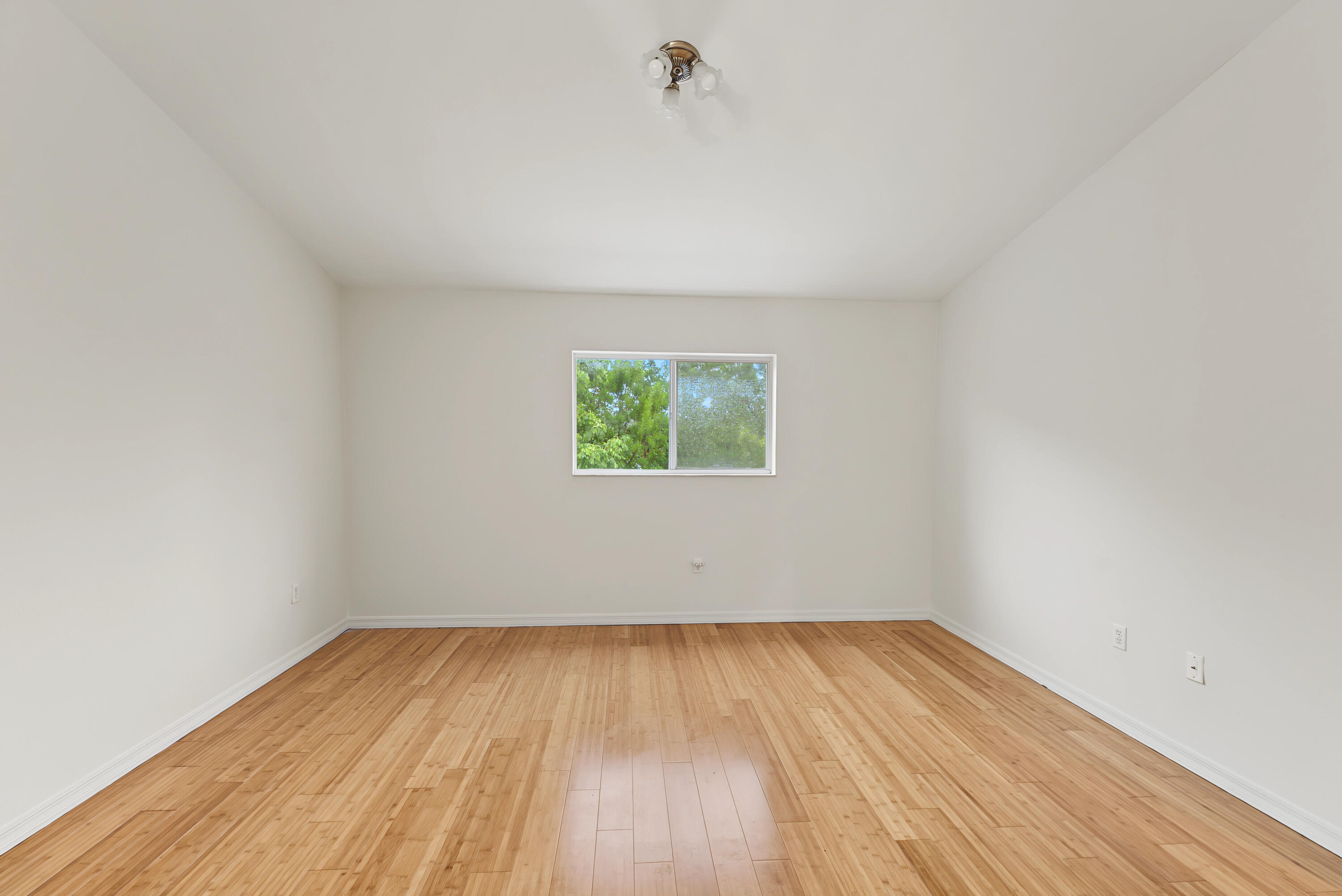 Neutral wall finishes, wood-finish flooring, and a sliding window with exterior greenery
